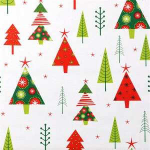 VICTORIA PAPER Christmas wrapping paper with a pattern of stylized Christmas trees in red, green, and white on a white background - Victoria
