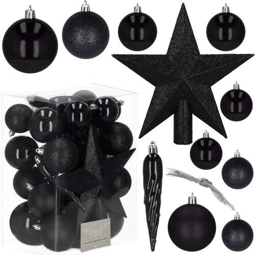 Springos schwarzes Christbaumkugeln-Set, 33 Stück, mit Sternentopper, Eiszapfen-Ornamenten und Aufhängeschnüren