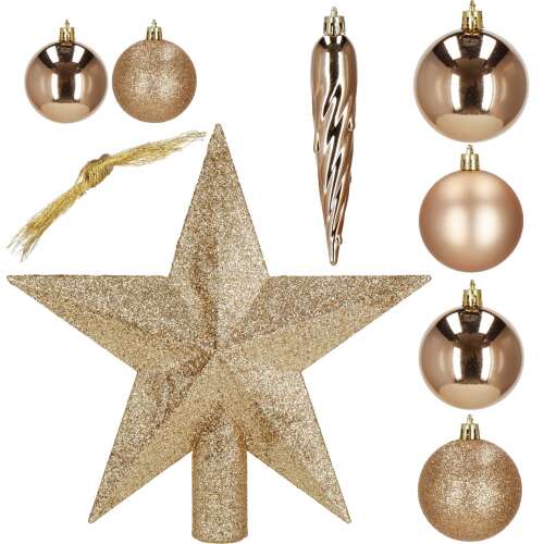Springos Christmas tree ornament set: gold and rose gold baubles, icicle ornaments, and star tree topper