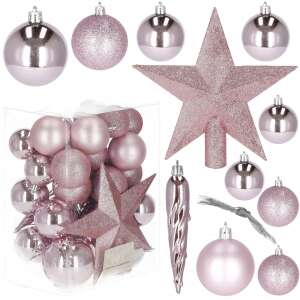 Springos 33 darabos rózsaszín karácsonyfadísz készlet gömbökkel, jégcsappal és csillagfa csúccsal - Nonbrand Karácsonyfadísz