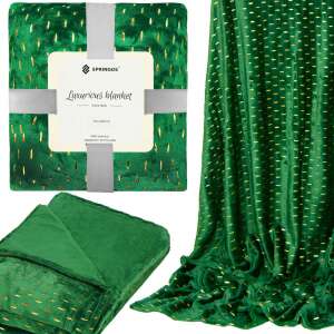 Springos luxurious blanket, green with gold details, 150 x 200 cm, collage showing the blanket folded, unfolded, and with packaging - Blanket