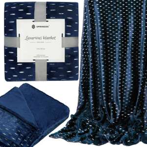 Springos luxurious blanket, navy blue with silver dots, 150 x 200 cm, collage showing the blanket folded, rolled, and in use - Blanket