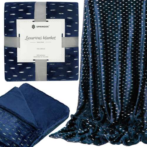 Springos luxurious blanket, navy blue with silver dots, 150 x 200 cm, collage showing the blanket folded, rolled, and in use