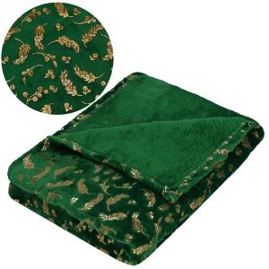 Springos green and gold leaf pattern fleece blanket - Blanket