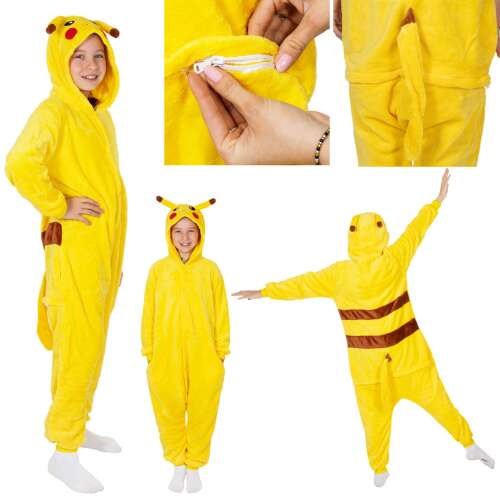 Collage of Springos Pikachu kigurumi pajama details: zipper, tail, full view