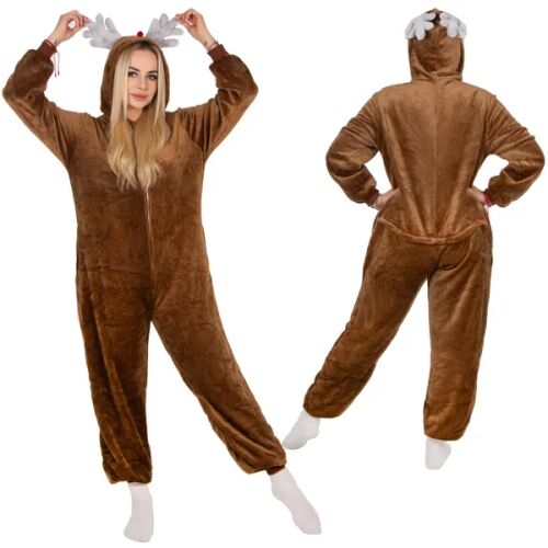 Springos brown reindeer kigurumi pajama, front and back view