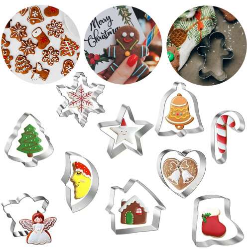 Springos Christmas cookie cutters set of 10, including gingerbread man, snowflake, star, bell, candy cane, angel, house, heart, stocking, and tree shapes