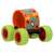 Skateboard wheel bracelet with red and green wheels, orange band with abstract pattern