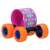 Skateboard wheel bracelet with blue and orange wheels, pink band with eye pattern