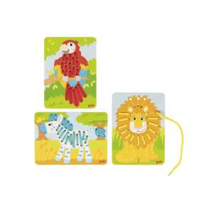 Goki Schnürspiel-Set mit 3 Tiermotiven: Papagei, Löwe und Zebra - Schaukelpferde, Schaukeltiere und Entwicklungsspiele für Kinder im Kindergartenalter
