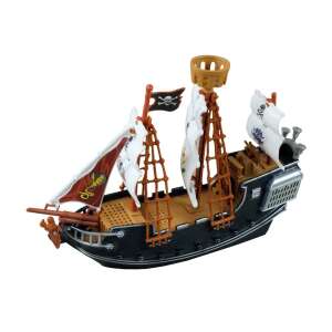Plastová pirátska loď hračka, 25 cm, čierna s červenými a bielymi plachtami, pirátska vlajka - Autá a vozidlá