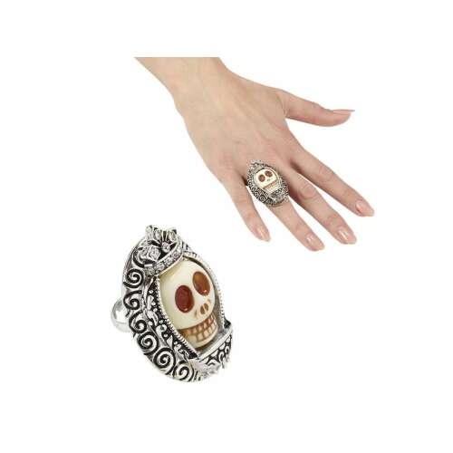 Ezüstszínű koponya gyűrű strasszokkal, Halloween jelmez kiegészítő