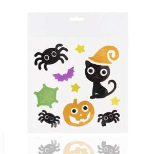 Zselés ablakdísz Halloweenska okenná nálepka s čiernou mačkou s čarodejníckym klobúkom, pavúkmi, tekvicou, netopierom a hviezdami. - Halloween dekorácie