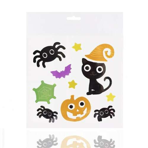 Zselés ablakdísz Halloween-i ablakmatrica, fekete macskával, boszorkánykalappal, pókokkal, tökkel, denevérrel és csillagokkal.