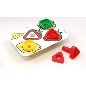 Miniland Educational Screw and Nut Game, a colorful learning toy for preschoolers, featuring a board with shapes and numbers, and matching screws and nuts - Miniland Developmental Toy for Preschooler