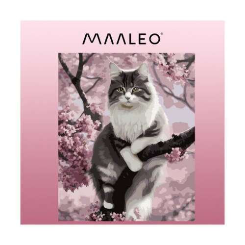 Malleo paint by numbers kit, cat in a tree with pink flowers, 40x50cm