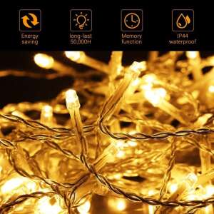 200 LED-es meleg fehér fényfüzér, 20 méter hosszú, 8 világítási mód, energiatakarékos, vízálló, hosszú élettartamú, memóriafunkcióval - Nonbrand Fényfüzér