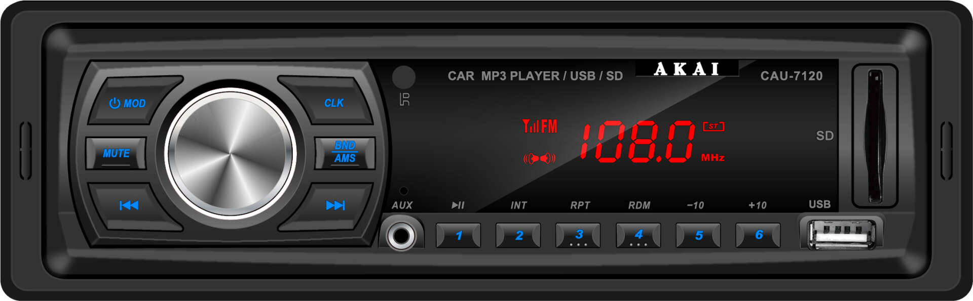 AKAI CAU-7120 Autórádió, SDM/MMC kártyaolvasó, 2.0 USB port, 4x25 W, LED kijelző