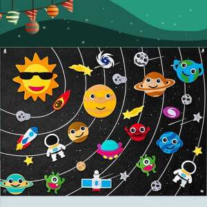 Covor de joacă din pâslă cu scai, temă spațială, planete, stele, rachete, astronauți, extratereștri, soare, cometă, navă spațială, satelit, pentru copii, jucărie educativă - Nonbrand Jocuri si jucarii educative