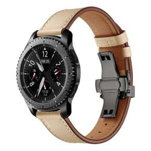 Fekete és bézs színű valódi bőr okosóra szíj pillangó csattal Samsung Galaxy Watch 46mm, Watch GT2 46mm, Watch GT 2e, Gear S3 Frontier, Honor MagicWatch 2 46mm órákhoz - Okosóra szíj