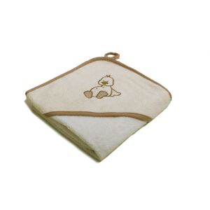 Vaganza kapucnis babatörölköző kacsa hímzéssel, bézs szegéllyel, ferde nézet - Baba Fürdetés & Ápolás