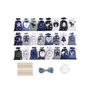 Textile Advent Calendar with 24 Blue and Black Bags, Wooden Clips, and String - Advent Calendar