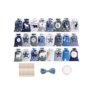 Textile Advent Calendar with 24 Blue and Grey Bags, Wooden Clips, and String - Advent Calendar