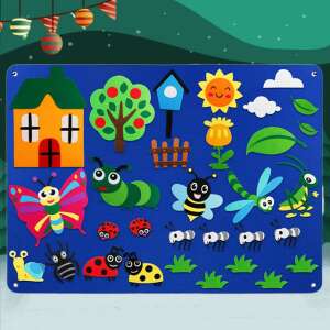Felt play mat with various insect and nature themed shapes for kids to play with, including a house, tree, bee, butterfly, ladybug, caterpillar, and more - Developmental Toy for Toddler