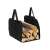 Black firewood carrier bag with velcro closure, carrying firewood