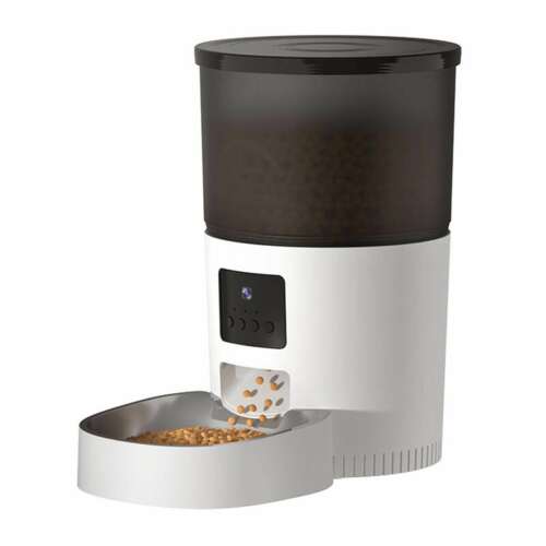 Rojeco 3L automatic pet feeder with WiFi camera, white, 3/4 view