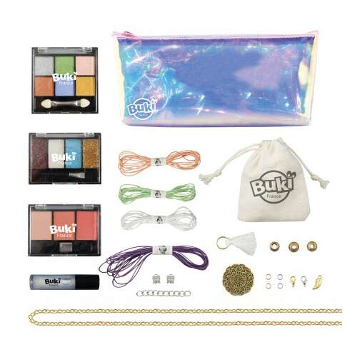 Buiki My Pretty Bag smink és ékszerkészítő készlet lányoknak, tartalmaz szemhéjpúdert, pirosítót, szájfényt és ékszerkészítő kellékeket