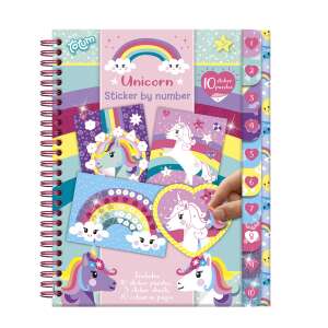 Unicorn Sticker by Number Activity Book, 10 sticker puzzles, 10 sticker sheets, 10 color-in pages - Totum
