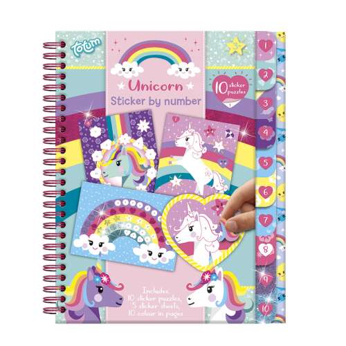 Unicorn Sticker by Number Activity Book, 10 sticker puzzles, 10 sticker sheets, 10 color-in pages