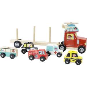 Wooden toy truck with 6 vehicles: helicopter, fire truck, ambulance, police car, taxi, and bus - Kids's play car