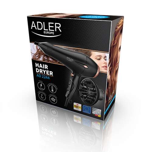 Adler AD2244 Uscător de păr, 2000 W, cu difuzor, funcție ION, negru-auriu