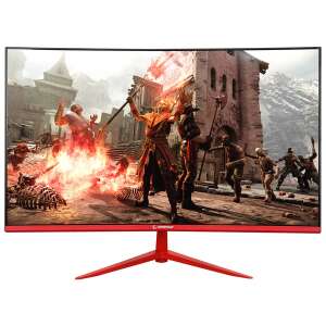 Rampage Blaze BL24R165C 24 Zoll Curved Gaming Monitor mit rotem Standfuß, der eine Videospielszene anzeigt - Monitore