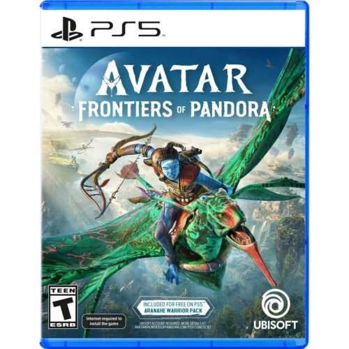 Avatar: Frontiers of Pandora PS5 videojáték borítója, egy Na'vi karaktert mutat be, aki banshee-n lovagol egy buja dzsungel táj felett