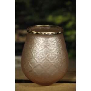 Rózsaszín üveg gyertyatartó arany szegéllyel, 18cm - Mécsestartó