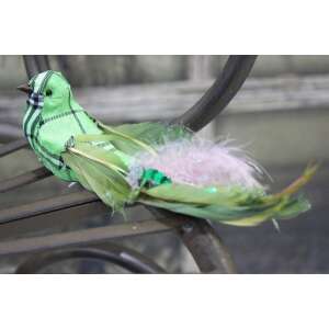 Zöld kockás madár rózsaszín tollal, 20cm hosszú, dekoratív madár karácsonyfára vagy más dekorációkra - Őszi dekorációs kellék