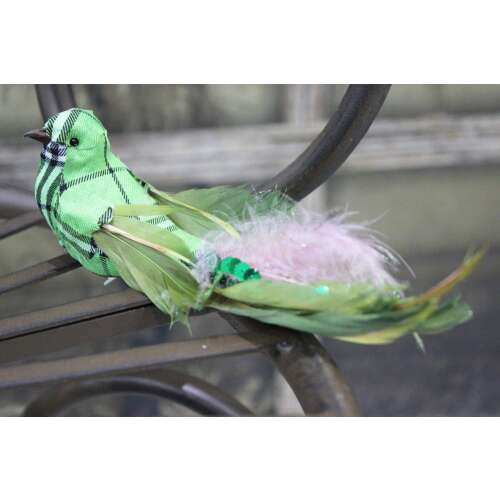 Zöld kockás madár rózsaszín tollal, 20cm hosszú, dekoratív madár karácsonyfára vagy más dekorációkra