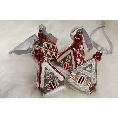 4 db üveg mézeskalács ház karácsonyi dísz, 9 cm