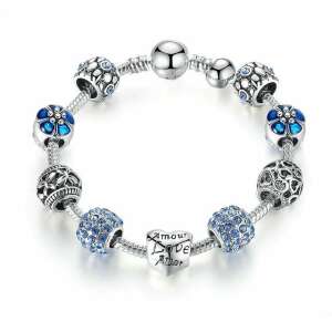 BAMOER ezüstözött Pandora stílusú Charm karkötő, szív és virág motívumokkal, kék, 21 cm 68217422 Nőknek