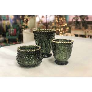 3 db zöld üveg tealámpás gyertyatartó készlet arany szegéllyel - Mécsestartó