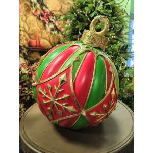 Nagy piros és zöld karácsonyi gömb arany díszítéssel és LED fényekkel - Nonbrand Karácsonyi dekoráció