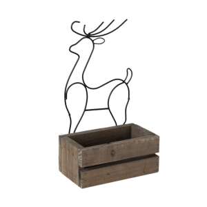 Fa virágláda fémszarvas dekorációval, karácsonyi dekoráció - Váza