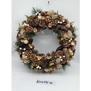 Barna fenyőtoboz karácsonyi koszorú fehér bogyókkal és vászon szalaggal, 50cm átmérő - Nonbrand Karácsonyi dekoráció