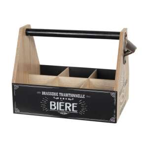 Fa sörpalack tartó 6 rekeszes, palacknyitóval, fekete fehér 'Brasserie Traditionnelle Biere' felirattal - Clayre & Eef