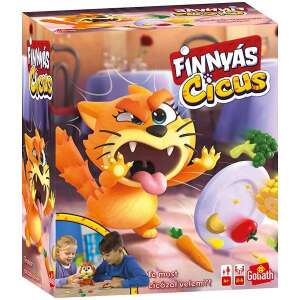 Finnyás Cicus társasjáték doboz, rajzolt macskával, zöldségekkel a tányéron, gyerekek játsszák a játékot - Goliath