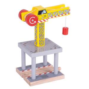 Bigjigs Toys Big Yellow Crane wooden toy train set, yellow crane with red hook - Train, rail element, motorway