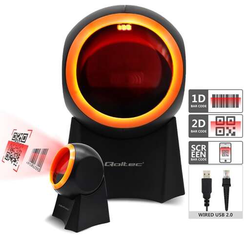 Скенер за баркодове Qoltec 50857, черен, чете 1D и 2D баркодове, кабелен USB 2.0